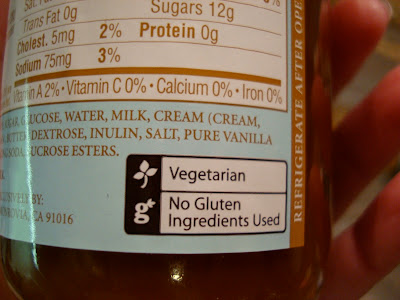 Caramel sauce saying its vegetarian ad no gluten 