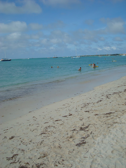 Beach with people swimming in water