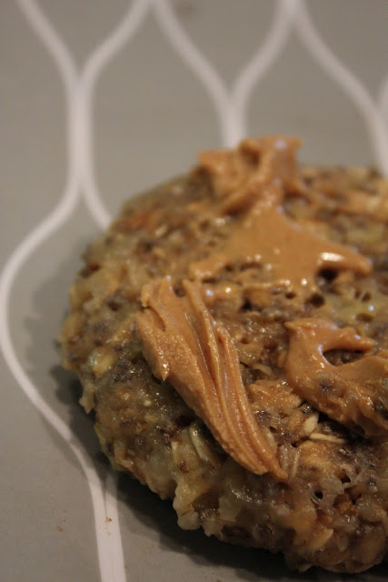 Overhead of Microwave Banana Oat Cakes with peanut butter