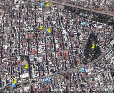 Mapa Localização das atrações turísticas do centro de Santiago do Chile.