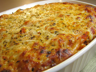 baked penne pasta with mushroom marinara and chicken