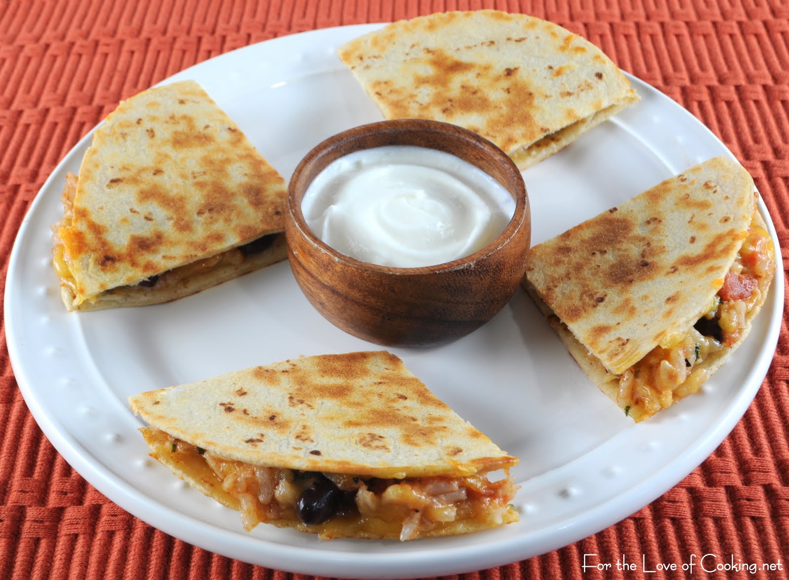 Mexican Tomato Rice and Bean Quesadilla with Sharp Cheddar and Sour