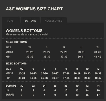 abercrombie and fitch pants size chart