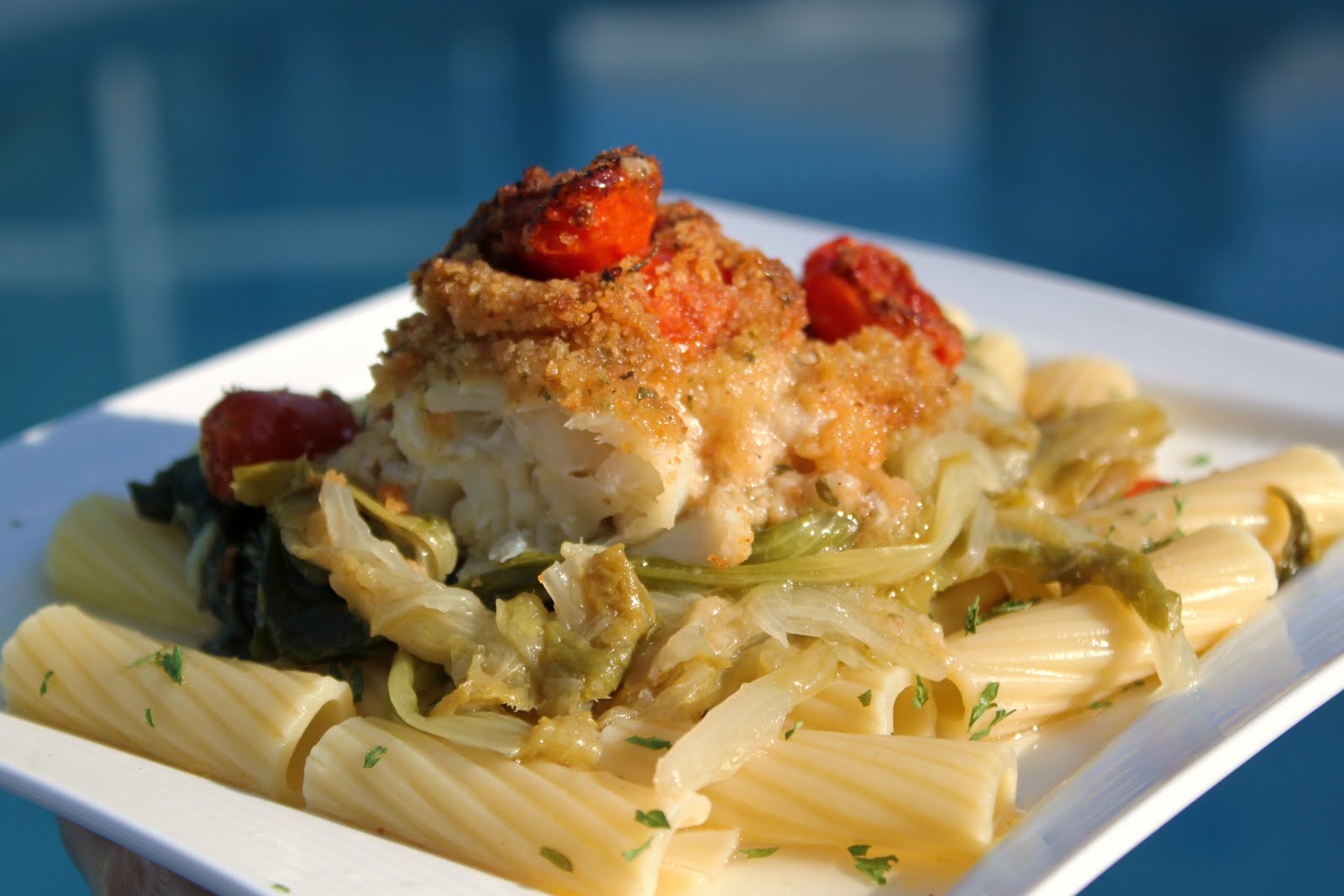 Baked Haddock in Pinot Grigio with Stuffed Tomatoes,Escarole and
