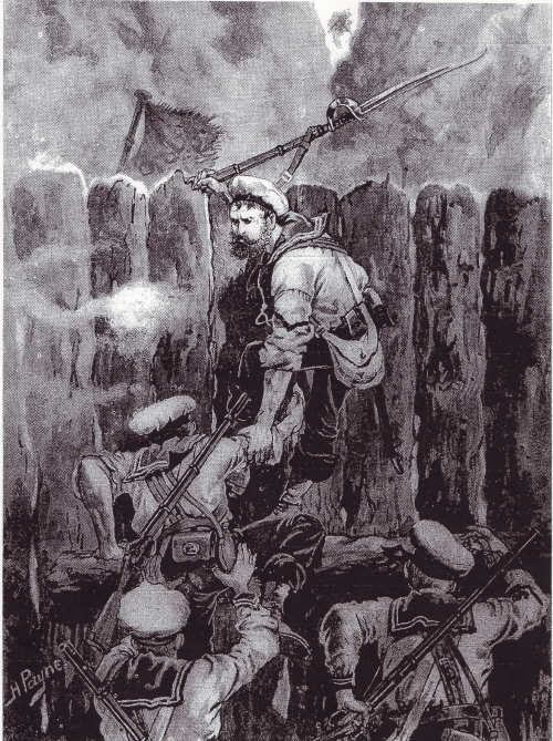 William Odgers Climbing the Stockade at Kaipopo Pa - An Artist's Impression By Harry Payne (1900)