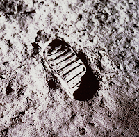 A close-up view of an astronaut's bootprint in the lunar soil, photographed with a 70mm lunar surface camera during the Apollo 11 extravehicular activity (EVA) on the Moon