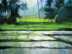 milind mulick paintings watercolor landscape painting village fine watercolors watercolour landscapes famous ricefields fields lush