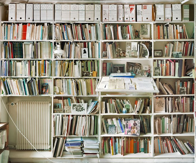 Jacques Derrida's room of his published books in his home in Ris Orange, France, 2001. Photograph by Andrew Bush