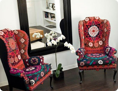 suzani, upholstery, chair, chairs, furniture, wingback chair, vintage, Interior Design, Design, decor, boho, bohemian, bohemian decor