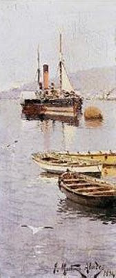 Vistas de un puerto Vistas de un puerto, Juan Martínez Abades, Pintor español, Paisajes de Juan Martínez Abades, Pintor Martínez Abades, Pintores españoles, Pintores Asturianos, Martínez Abades