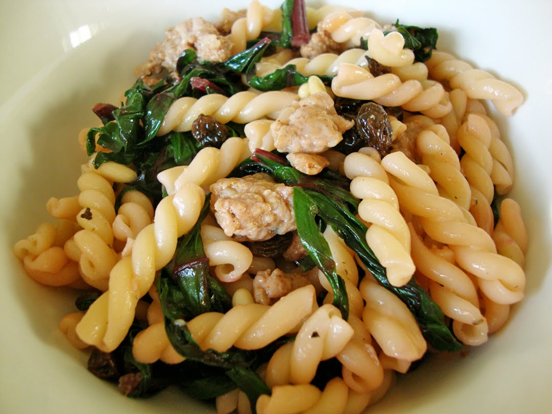 my back pages pasta with sausage, swiss chard and pine nuts