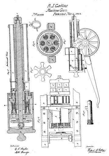 Gatling Machine Gun - November 4, 1862, U.S. Patent 36,836