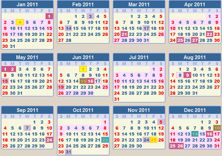 Matamu 2011 Calendar Holidays