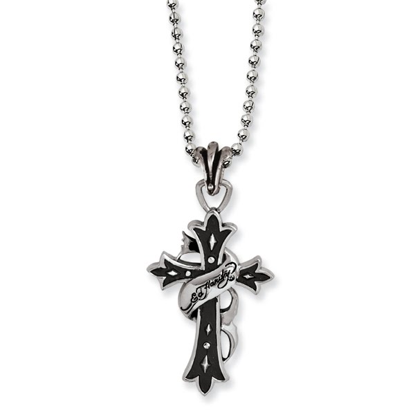 Stainless Steel Ed Hardy Antiqued Cross Necklace