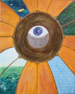 Ted Puffer painted this picture of the inside of the Californian Integratron.  The painting was created with acrylics on canvas and was inspired by a dream he experieneced while spending a night in the structure.