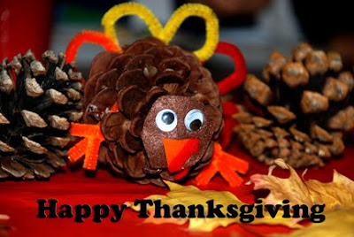Pine cone turkey with caption Happy Thanksgiving pine cone turkey thanksgiving