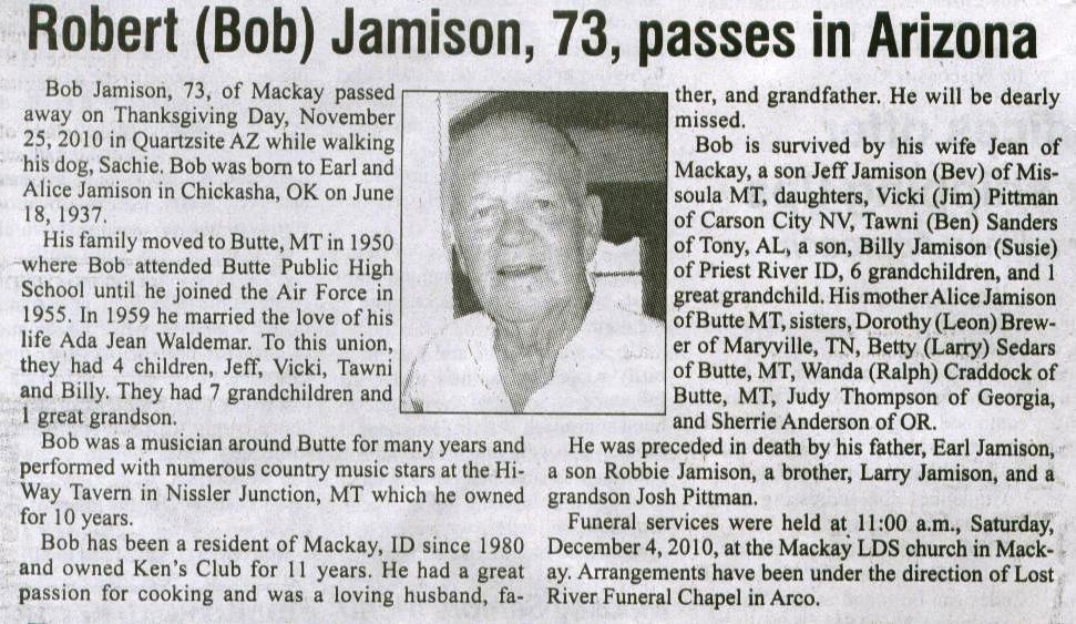 Mackay, Idaho 83251 Robert "Bob" Earl Jamison, age 73 years of Mackay