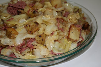 Cabbage, caramelized onion, corned beef and pan fried potatoes make a delicious hash.