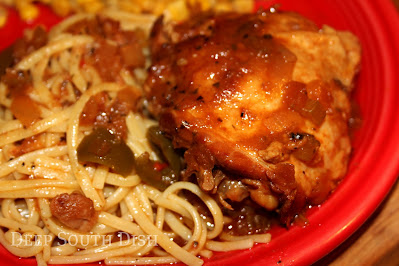 Chicken thighs, slow cooked in a seasoned Creole sauce with The Trinity, and served with fettuccine noodles.