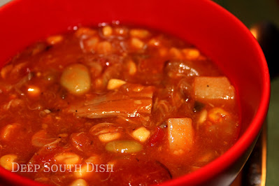 Ingredients have varied over the years, often using chicken or like here, leftover pork, but one thing is certain, and that is, no matter the region of The South, Brunswick Stew, sometimes called Camp Stew, is a southern favorite.