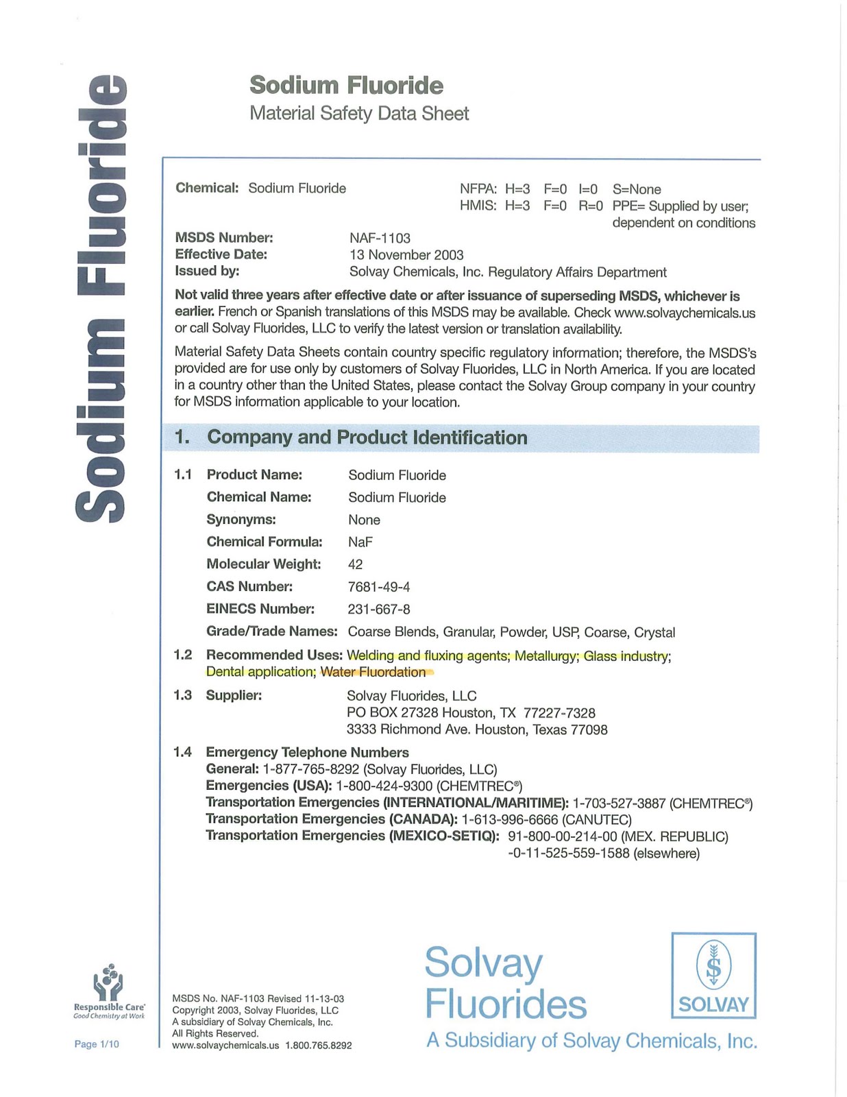 THE NORTHWEST HERALD SODIUM FLUORIDE MSDS