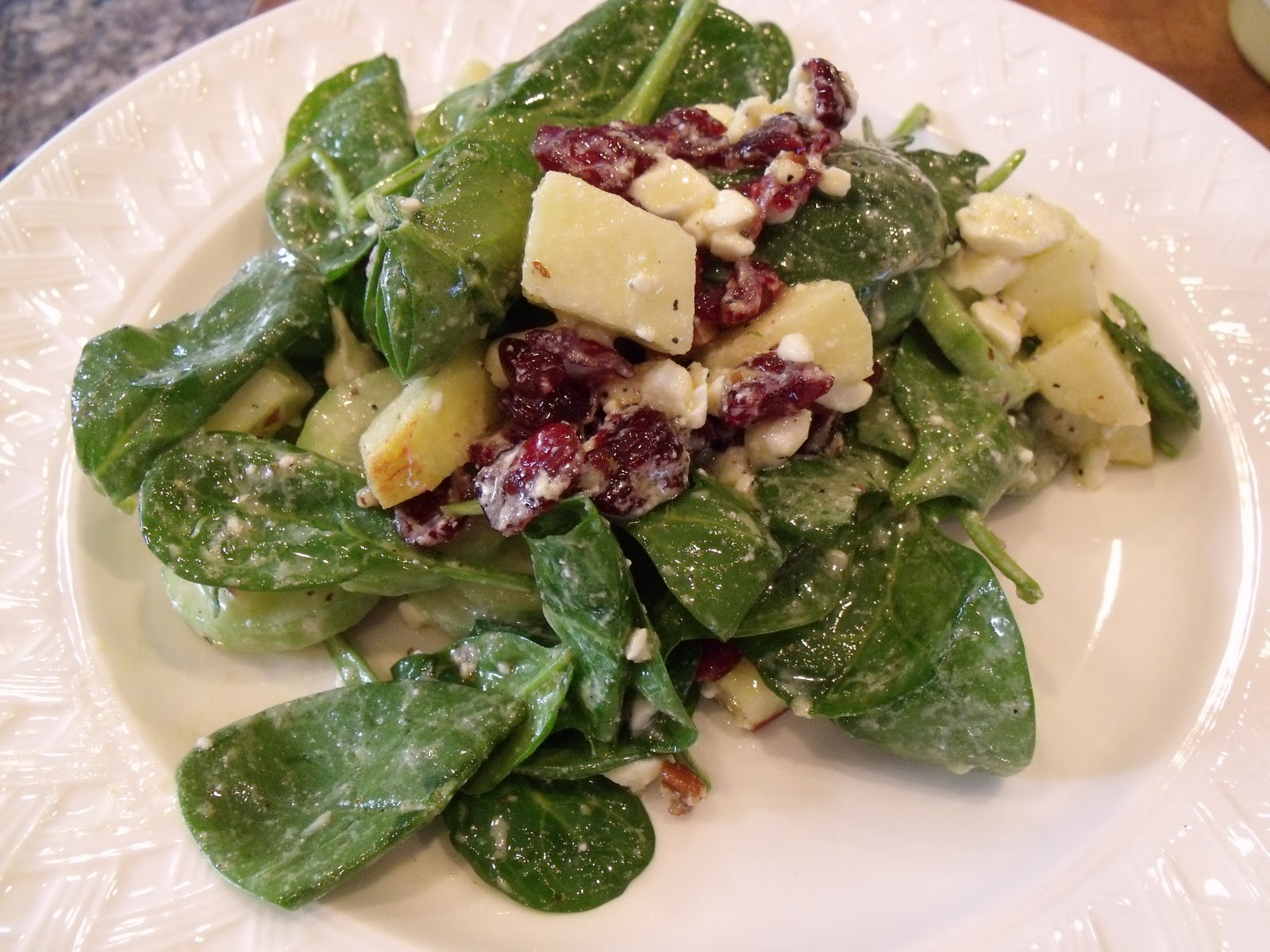 Almonds & Applesauce: Spinach Salad with Apples, Pecans, and Dried