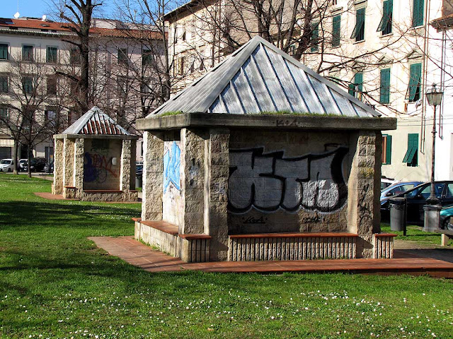 Benches with graffiti, piazza della Vittoria, Livorno