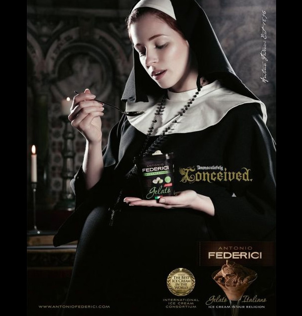 конфессиональная реклама. религиозная реклама. монахини в рекламе. красивые монашки в чулках. реклама antonio federici gelato italiano.