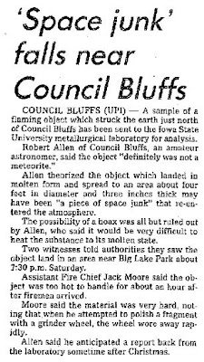 Space Junk Falls Near Council Bluff - Cedar Rapids Gazette 12-20-1977