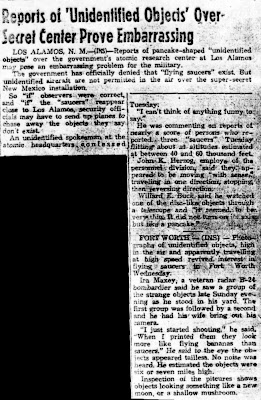Reports of 'Unidentified Objects' Over Secret Center prove Embarrassing (Edt) - INS 1950
