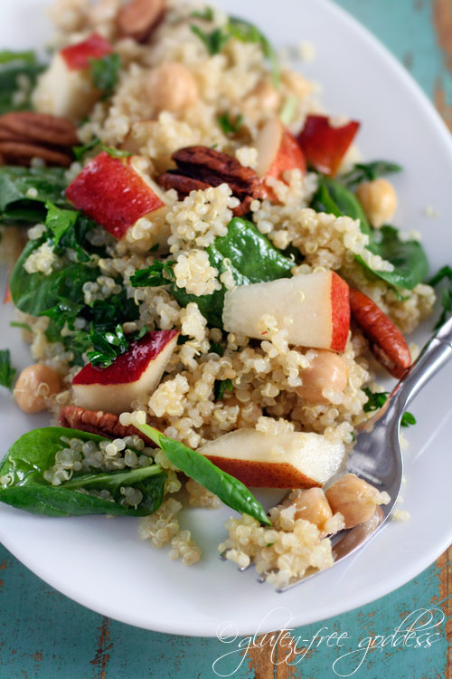 Quinoa Salad Recipe with Pears, Baby Spinach and Chick Peas in a Maple 