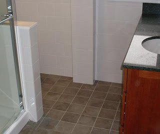 6 x6 tile floor and white subway tile walls