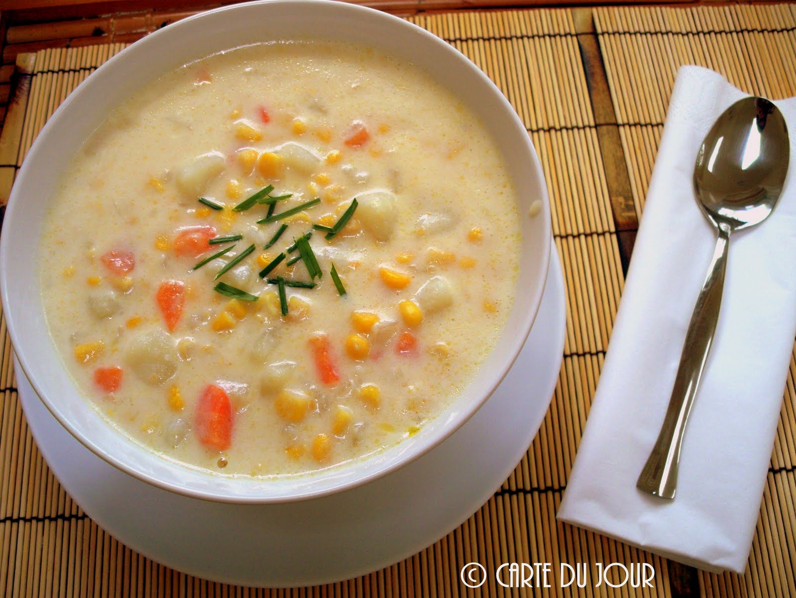 Carte du jour Creamy Corn Chowder with Silken Tofu