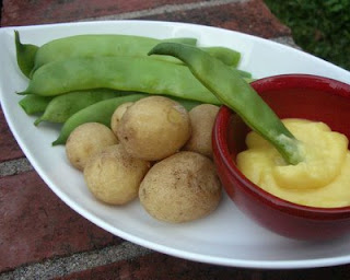 Romano beans and new potatoes with a thick version of lemon-garlic sauce, here used as a dip