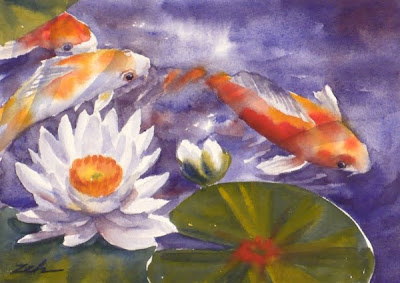 Koi in a Lily Pond watercolor Painting