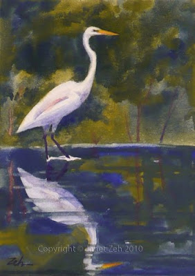 Great Egret watercolor heron painting