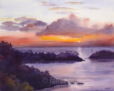 Caribbean island sunset watercolor painting