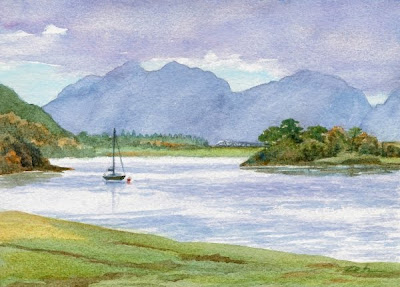 Lake in the Scottish Highlands, watercolor painting by Janet Zeh