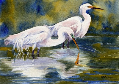 Herons - Great and Snowy Egrets watercolor painting
