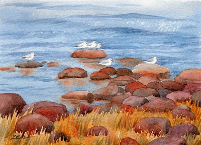 Maine Coast and seagulls watercolor seascape