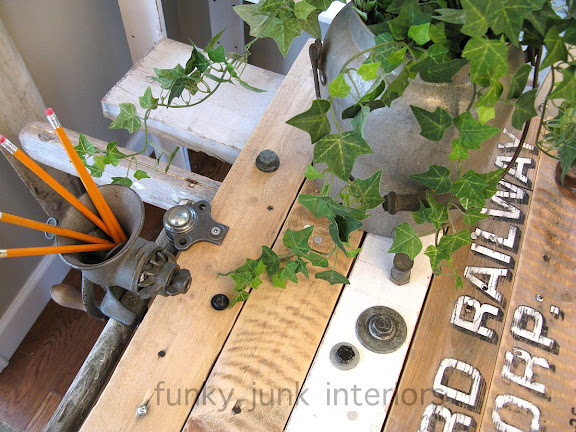 Pallet wood sawhorse ladder junk styled blogging desk via Funky Junk Interiors