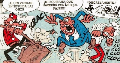 Mortadelo desguazando el equipaje de un cliente