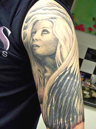  dark angel tattoos are inked on different body-parts, 