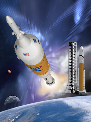 Representación artística de los lanzadores Ares I y Ares V (NASA,MSFC)