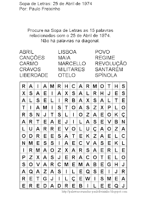 Sopa de Letras: 25 de Abril de 1974 Passatempo para imprimir - Paulo Freixinho