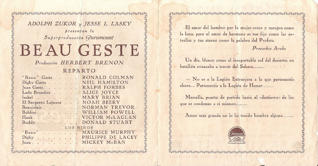 Programa de Cine - Beau Geste (1926) - Cine Mudo - Ronald Colman - Neil Hamilton