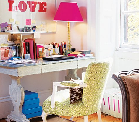 switcheroom, feminine home office, pink lamp, girly home office
