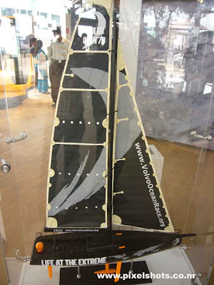 photograph of small yacht model used by volvo in ocean race,photo from volvo autoshow pavillion at cochin kerala, sailors race yachts demo in exhibition