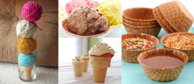 yarn cone centerpieces, ice cream flavors, cone cupcakes, waffle cone bowls
