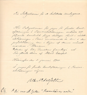 Albert Edelfeltin allekirjoittama asiakirja koskien Pariisin maailmannäyttelyä, 2.1.1900.